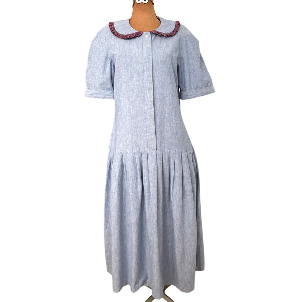 Misty Lane Sz 8/10 Vintage Chambray Dress Dropped Waist Cottagecore Pleats